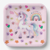 Kleurrijke Eenhoorn Regenboog Bloemen Verjaardagsf Papieren Bordje (Voorkant)