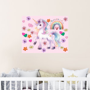 Kleurrijke Eenhoorn Regenboog en Bloemen Kwekerij Poster