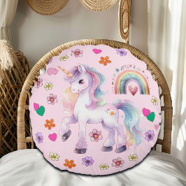 Kleurrijke eenhoorn regenboog en bloemen rond kussen