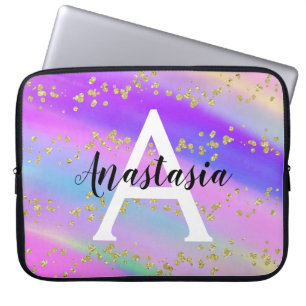 Kleurrijke Eenhoorn Regenboog Gouden Glitters Mono Laptop Sleeve