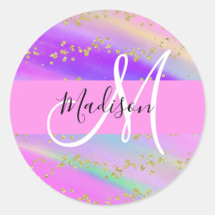 Kleurrijke Eenhoorn Regenboog Gouden Glitters Mono Ronde Sticker