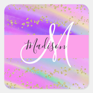 Kleurrijke Eenhoorn Regenboog Gouden Glitters Mono Vierkante Sticker