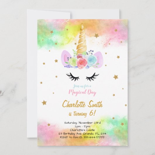 Kleurrijke Eenhoorn Verjaardagsuitnodiging Kaart (Voorkant)