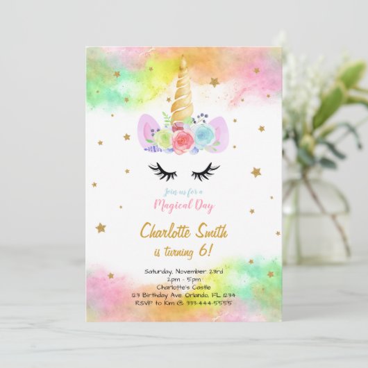 Kleurrijke Eenhoorn Verjaardagsuitnodiging Kaart (Staand voorkant)