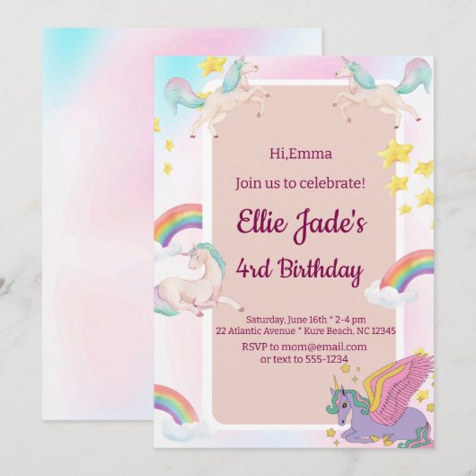 Kleurrijke Eenhoorns Regenboog Roze Verjaardag Uit Kaart (Voorkant / Achterkant)