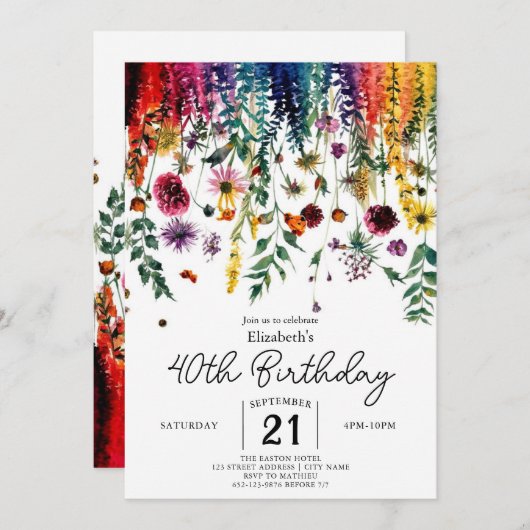 Kleurrijke Eenvoudige Wildbloemen 40e verjaardag Kaart (Voorkant / Achterkant)