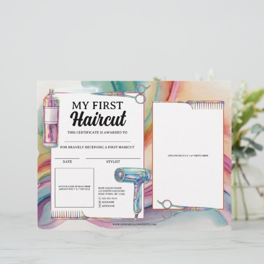 Kleurrijke eerste kapsel kapsel salon certificaat (Staand voorkant)