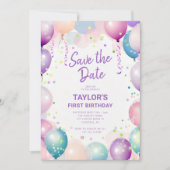 Kleurrijke Eerste Verjaardagsfeestje Save The Date (Voorkant)