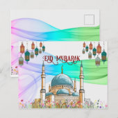Kleurrijke Eid Mubarak Kaart met Moskee (Voorkant / Achterkant)
