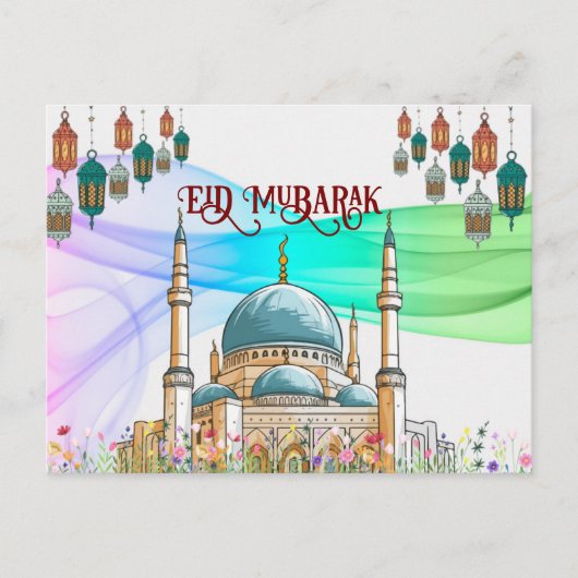 Kleurrijke Eid Mubarak Kaart met Moskee (Voorkant)