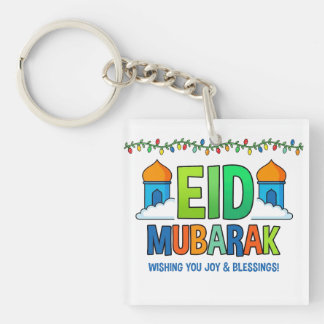 Kleurrijke eid mubarak wenskaart met moskee en sleutelhanger
