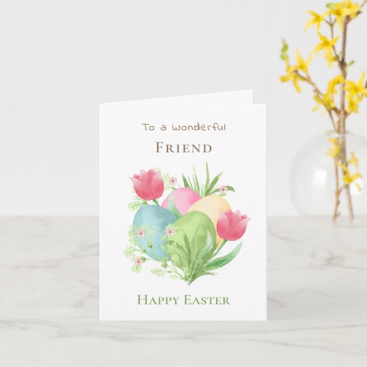 Kleurrijke eieren en tulpen vriend Pasen  Kaart (Gele Bloem)