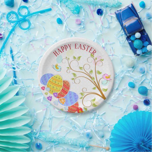 Kleurrijke eieren en vogels bloemen- Happy Easter Papieren Bordje (Feest)