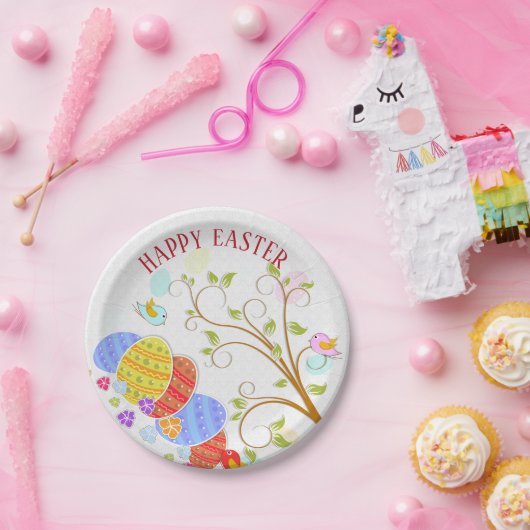 Kleurrijke eieren en vogels bloemen- Happy Easter Papieren Bordje (Feest)