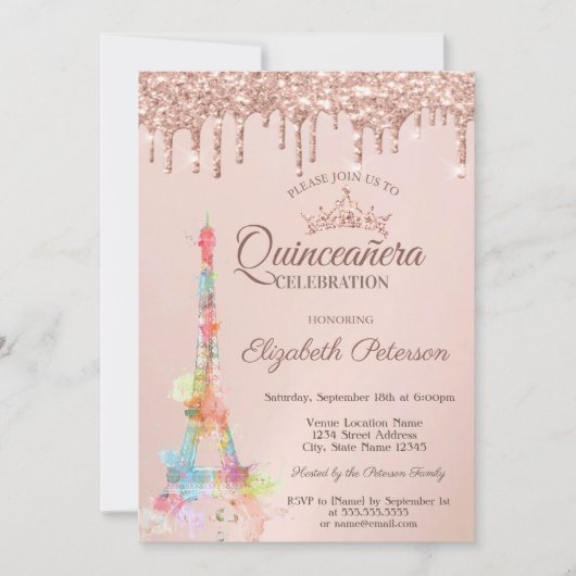 Kleurrijke Eiffeltoren, Roos Gold Drivers Quinceañ Kaart (Voorkant)