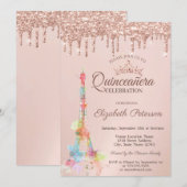 Kleurrijke Eiffeltoren, Roos Gold Drivers Quinceañ Kaart (Voorkant / Achterkant)