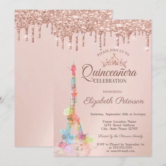 Kleurrijke Eiffeltoren, Roos Gold Drivers Quinceañ Kaart (Voorkant / Achterkant)