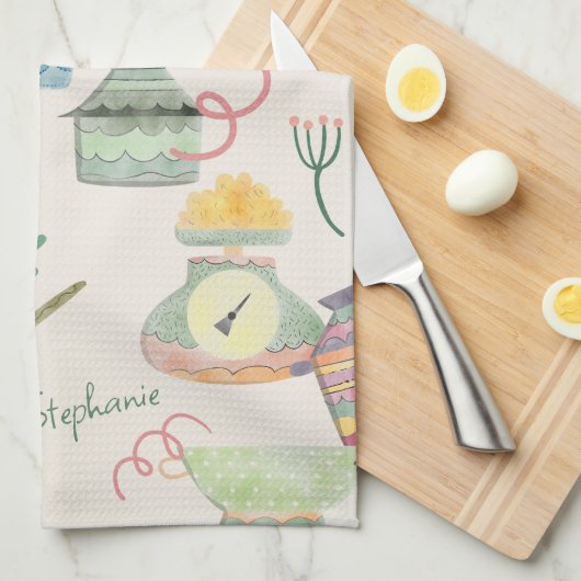 Kleurrijke eigenzinnige retro keuken thema geperso theedoek (Quarter Fold)