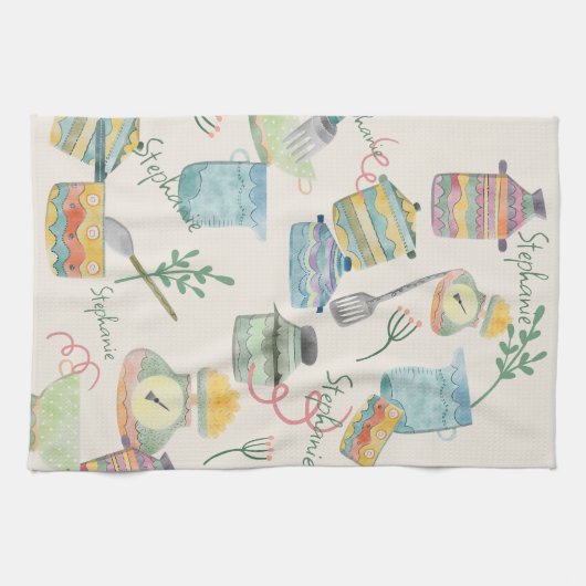 Kleurrijke eigenzinnige retro keuken thema geperso theedoek (Horizontaal)