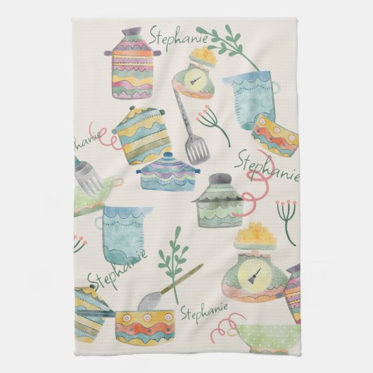 Kleurrijke eigenzinnige retro keuken thema geperso theedoek (Verticaal)