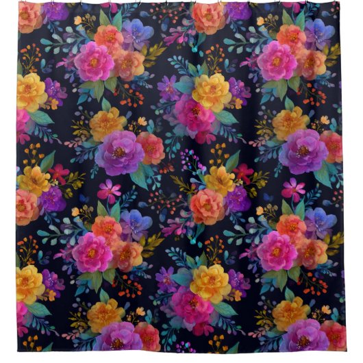 Kleurrijke Elegante Bloemen op Zwarte Bloemen  Douchegordijn (Voorkant)