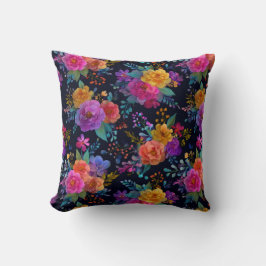 Kleurrijke Elegante Bloemen op Zwarte  Bloemen Kussen