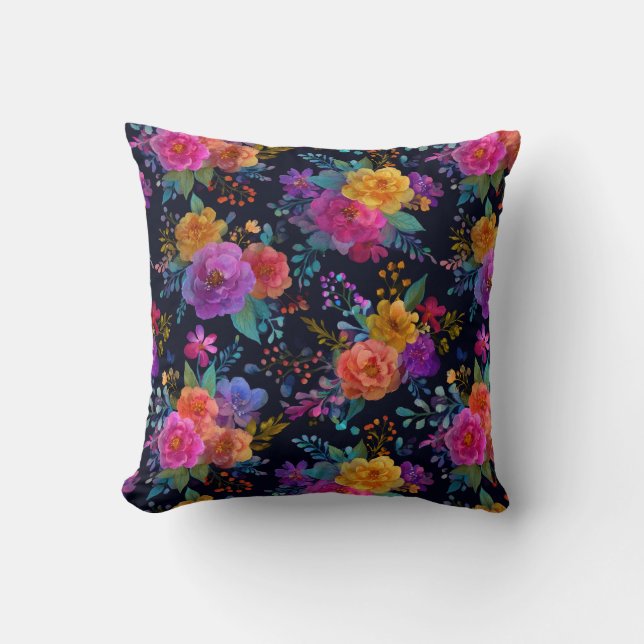 Kleurrijke Elegante Bloemen op Zwarte  Bloemen Kussen (Voorkant)