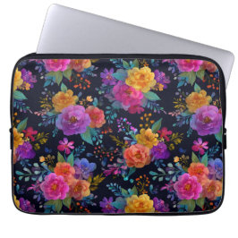 Kleurrijke Elegante Bloemen op Zwarte Glamoureuze  Laptop Sleeve