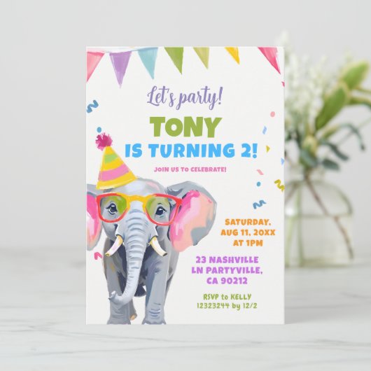 Kleurrijke Elephant Party Kind's Verjaardag Kaart (Staand voorkant)