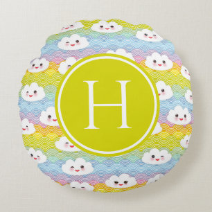 Kleurrijke Emoji Kawaii Wolken Patroon Monogram Rond Kussen