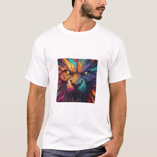 Kleurrijke en abstracte wolf's design T-shirt (Voorkant)