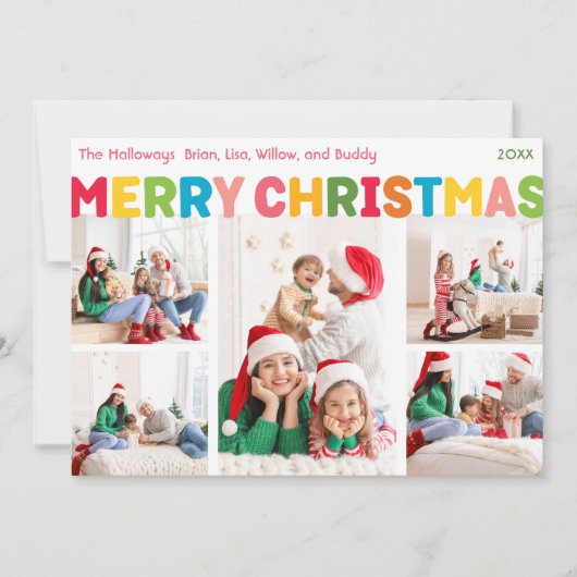 Kleurrijke en heldere vrolijke kerstdagen vijf fot feestdagenkaart (Voorkant)