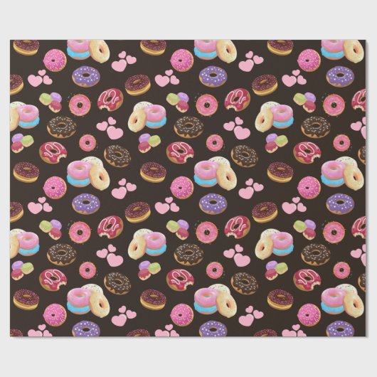 Kleurrijke en lekkere donuts en harten cadeaupapier (Vlak)