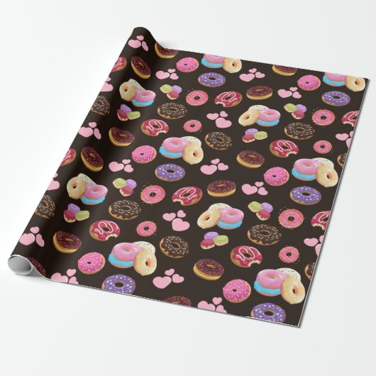 Kleurrijke en lekkere donuts en harten cadeaupapier (Uitgerold)