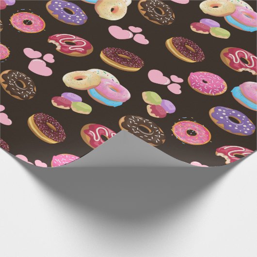 Kleurrijke en lekkere donuts en harten cadeaupapier (Hoek)