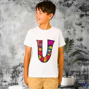Kleurrijke en Leuke Monogram U Tribal en Doodle T-shirt
