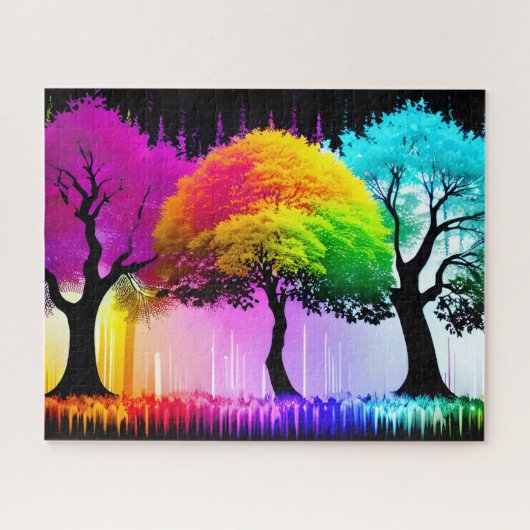 Kleurrijke en magische regenboog bos bomen legpuzzel (Horizontaal)