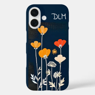 Kleurrijke en minimalistische bloemen op donkerbla iPhone 16 hoesje