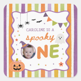 Kleurrijke en Spookachtige Eerste Verjaardag Stick Vierkante Sticker