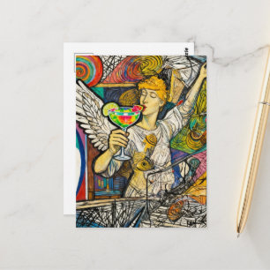 Kleurrijke engel geniet van een drankje briefkaart