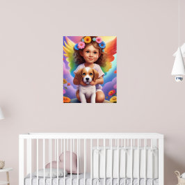 Kleurrijke engel meisje met puppy kindermuurposter poster