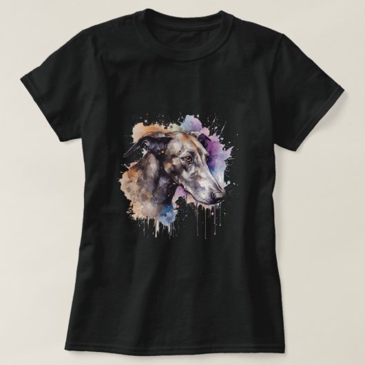 Kleurrijke Engelse Greyhound waterverf kunst T-shirt (Design voorkant)
