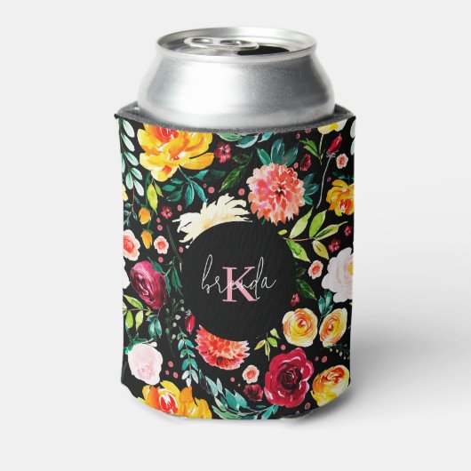 Kleurrijke Engelse tuin bloemen patroon monogramme Blikjeskoeler (Blikje Achterkant)