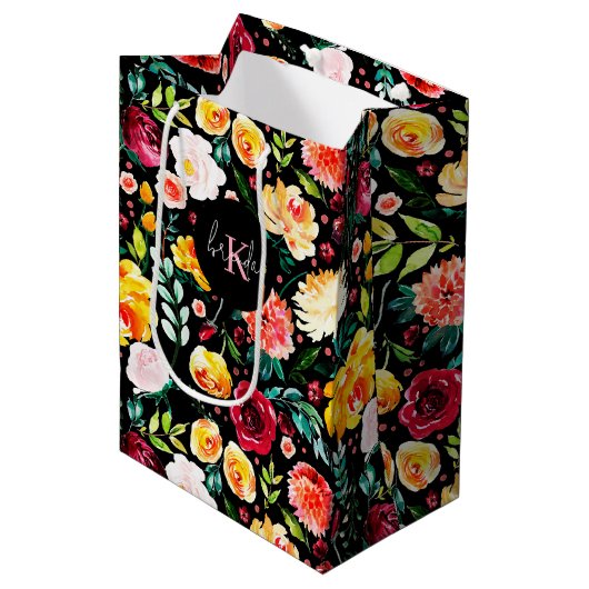 Kleurrijke Engelse tuin bloemen patroon monogramme Medium Cadeauzakje (Voorkant Gekanteld)