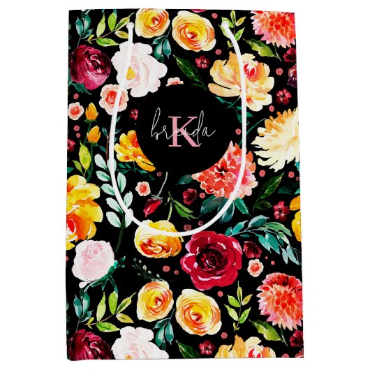Kleurrijke Engelse tuin bloemen patroon monogramme Medium Cadeauzakje (Voorkant)