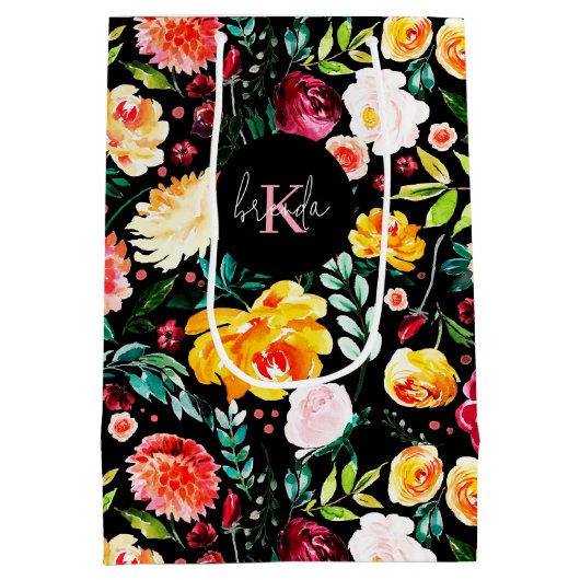 Kleurrijke Engelse tuin bloemen patroon monogramme Medium Cadeauzakje (Achterkant)