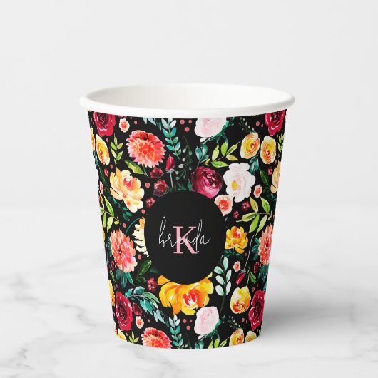 Kleurrijke Engelse tuin bloemen patroon monogramme Papieren Bekers (Voorkant)