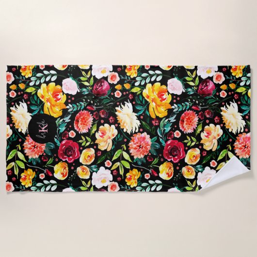 Kleurrijke Engelse tuin bloemen patroon monogramme Strandlaken (Voorkant)