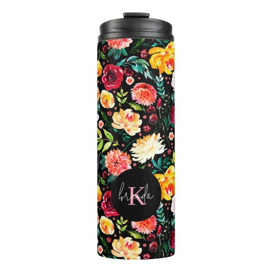 Kleurrijke Engelse tuin bloemen patroon monogramme Thermosbeker (Voorkant)