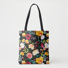 Kleurrijke Engelse tuin bloemen patroon monogramme Tote Bag
